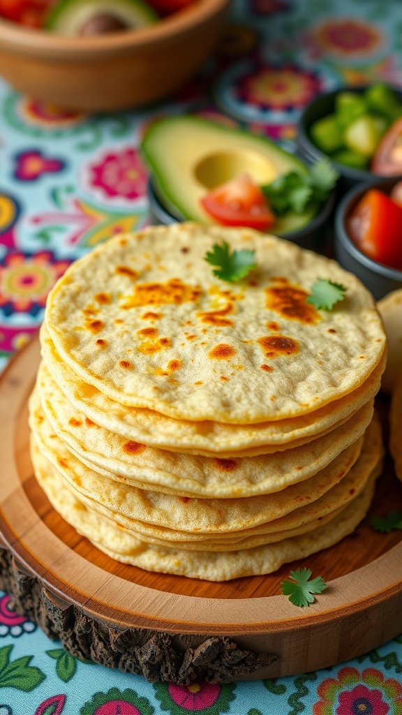 A stack of mini corn tortillas with toppings like tomatoes and avocado on a wooden board.